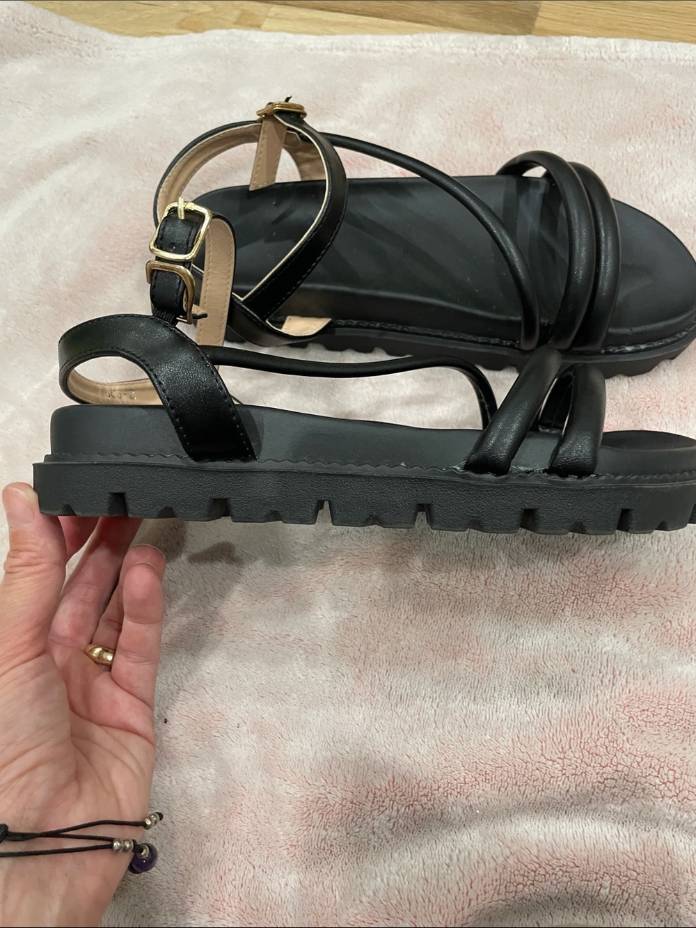 Black Strappy Flat Sandals with Small platform/ Chunky heel